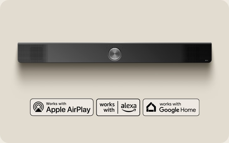 An aerial view of an LG Soundbar.  Apple AirPlay logo Amazon Alexa logo Google Home logo