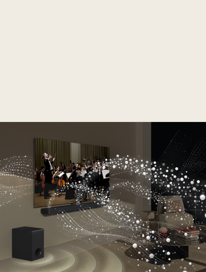 An image of an LG TV and LG Soundbar in a living room playing a musical performance. White droplets make waves of sound that shoot upwards and forward from the soundbar and project from the TV, depicting the unique tonal palettes of the TV speakers and soundbar coming together.	