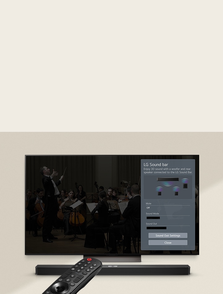 An image of an LG Soundbar, LG Remote, and  LG TV showing the WOW Interface on screen. 	
