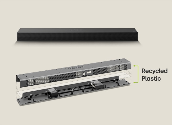 "There is a front view of soundbar behind and a metal frame image of soundbar in front. An angled view of the back of the soundbar's metal frame with the words ""Recycled Plastic"" pointing to the edge of the frame."	