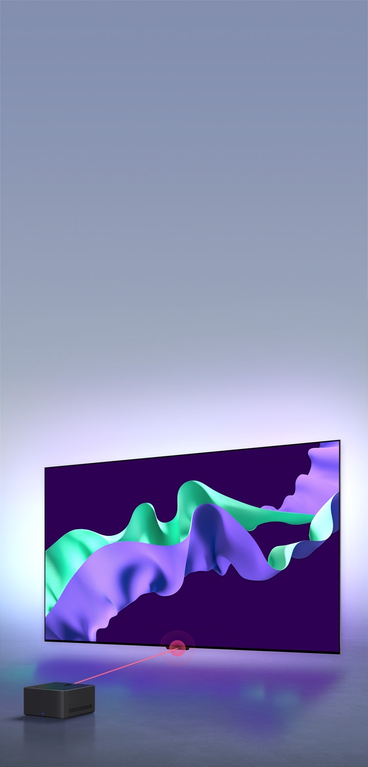 LG OLED evo M4 shows purple and mint abstract artwork on screen, then the TV moves back and rotates to a 45-degree angle, revealing a Zero Connect Box in front of the TV. A red Wi-Fi signal appears and a red beam emits towards the TV and red circles eminate. The purple and mint colors reflect on the space below the TV.