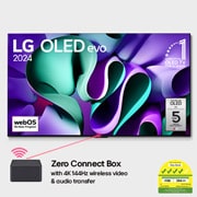 Front view with LG OLED evo TV, OLED M4, 11 Years of world number 1 OLED Emblem, webOS Re:New Program logo, 5-Year Panel Warranty logo on screen, and a Zero Connect Box with 4K 144Hz wireless video & audio transfer connected to a TV, and a Wi-Fi signal coming out of the box