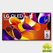 Front view with LG OLED evo and 11 Years World No.1 OLED Emblem on screen, as well as the Soundbar below