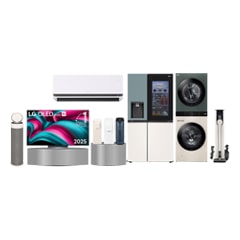 LG home appliances including TV, refrigerator, washer, and air solution devices	