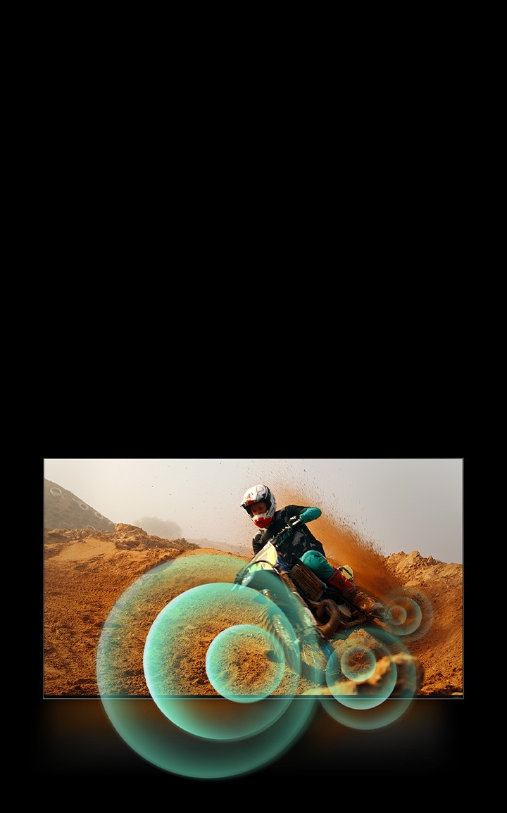 An image of a m?????????????????????????????????????????????????????????? ???????????an riding a motorbike on a dirt track with bright circle graphics around the motorbike.