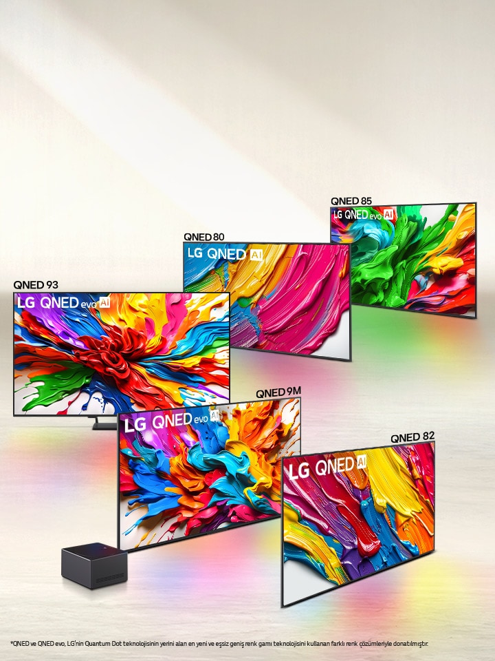 QNED80, QNED85, QNED93, Zero Connect Box’l? QNED9M ve QNED82 modellerinden olu?an be? farkl? LG QNED evo AI TV’nin s?ral? g?rünümü.