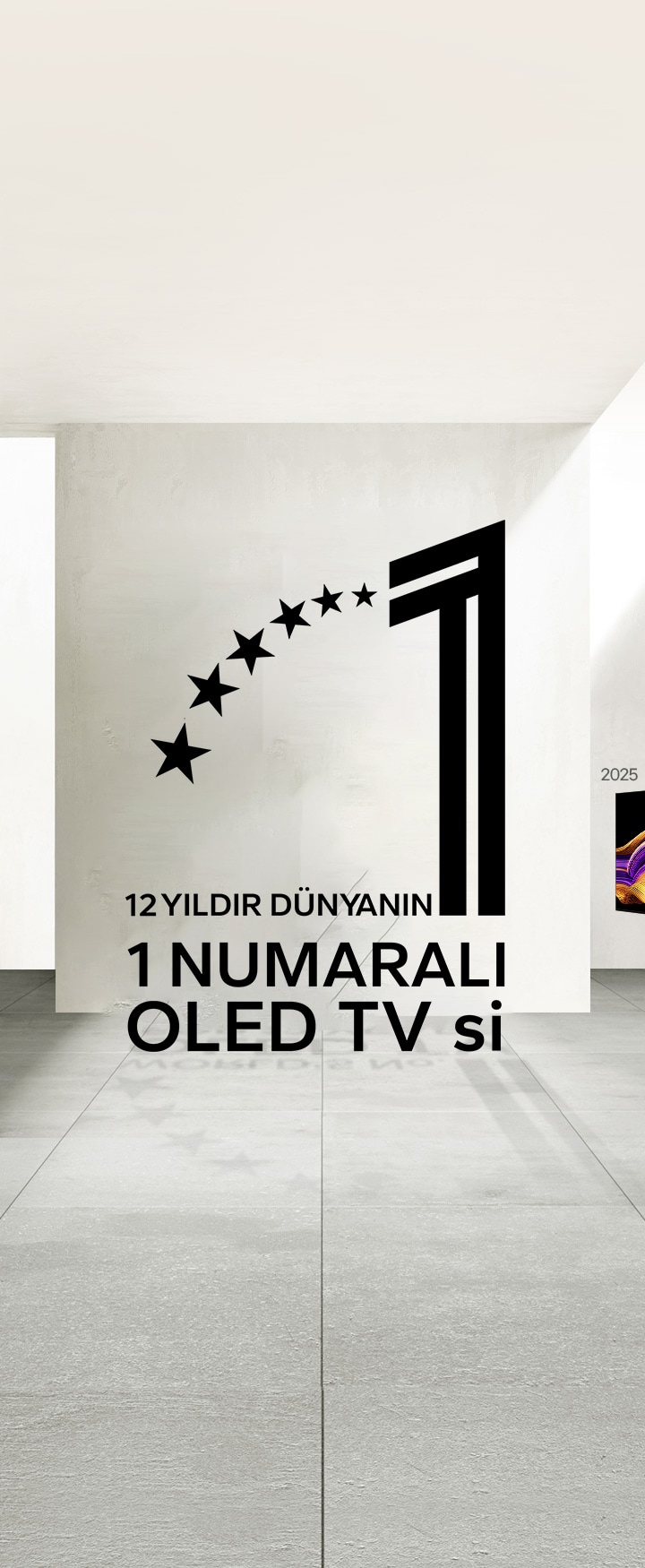 12 y?ld?r dünyan?n 1 numaral? OLED TV’si amblemi. Arka plan bir sergi alan? gibi g?rünüyor. Uzakta bir LG OLED TV bulunuyor. 