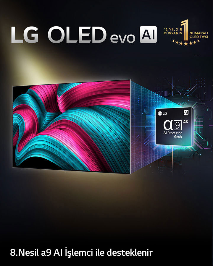 LG OLED evo AI TV ekran?nda büyüleyici detay, renk ve kontrasta sahip soyut bir resim yer al?yor. TV’nin arkas?nda Alfa 9 AI ??lemci 8.Nesil büyütülmü? olarak g?steriliyor. ??inden yay?lan ???k, ?evresindeki mikro?ip devrelerini ayd?nlat?yor. Ba?l?kta LG OLED evo AI ifadesi yer al?yor. “LG Alfa 9 AI i?lemci 8.Nesil teknolojisinden gü? al?r” ibareli bir metin de bulunuyor. K??ede yer alan y?ld?zl? alt?n rengi logoda “12 y?ld?r dünyan?n bir numaral? OLED TV’si” ibaresi yer al?yor. 