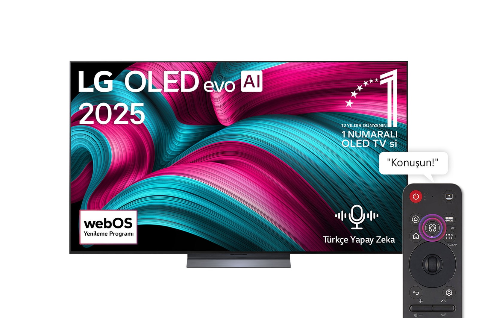 LG OLED evo AI C5 4K Smart TV’nin ?nden g?rünümü. Ekranda 12 y?ld?r dünyan?n 1 numaral? OLED’i amblemi ve LG OLED evo AI 2025 logosu yer al?yor.