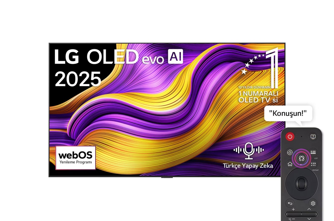 LG OLED evo AI G5 4K Smart TV’nin ?nden g?rünümü. Ekranda 12 y?ld?r dünyan?n 1 numaral? OLED’i amblemi ve LG OLED evo AI 2025 logosu yer al?yor.