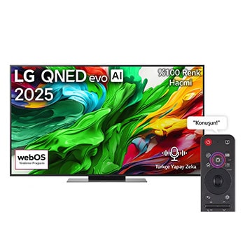 LG QNED evo QNED85 TV’nin ?nden g?rünümü, üst k??ede LG QNED evo AI logosu. LG QNED evo QNED85 TV ekran?nda renkli boya benzeri dokular?n birbirine kar??mas? g?steriliyor.