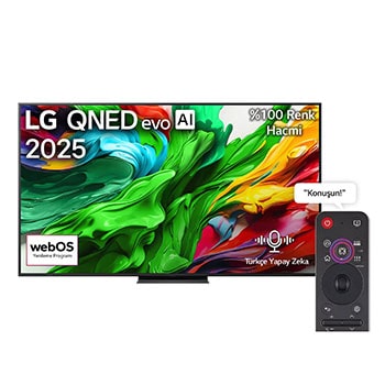 LG QNED evo QNED85 TV’nin ?nden g?rünümü, üst k??ede LG QNED evo AI logosu. LG QNED evo QNED85 TV ekran?nda renkli boya benzeri dokular?n birbirine kar??mas? g?steriliyor.