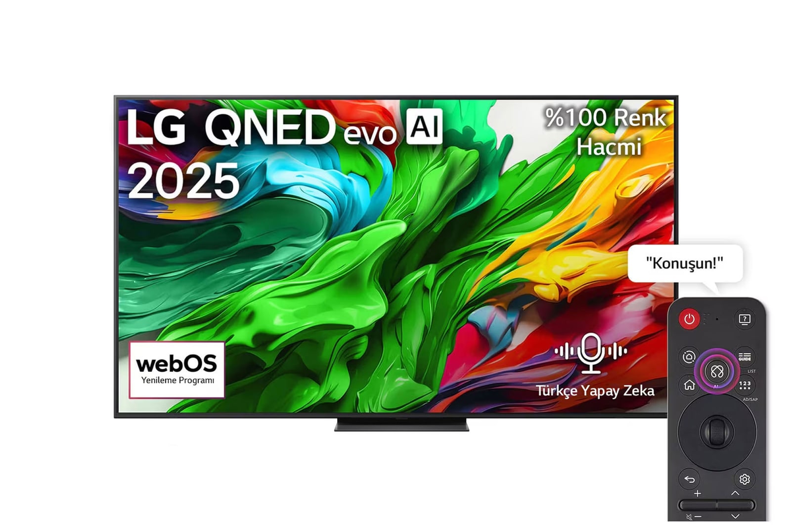 LG QNED evo QNED85 TV’nin ?nden g?rünümü, üst k??ede LG QNED evo AI logosu. LG QNED evo QNED85 TV ekran?nda renkli boya benzeri dokular?n birbirine kar??mas? g?steriliyor.