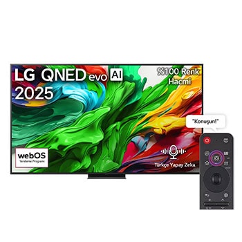LG QNED evo QNED85 TV’nin ?nden g?rünümü, üst k??ede LG QNED evo AI logosu. LG QNED evo QNED85 TV ekran?nda renkli boya benzeri dokular?n birbirine kar??mas? g?steriliyor.
