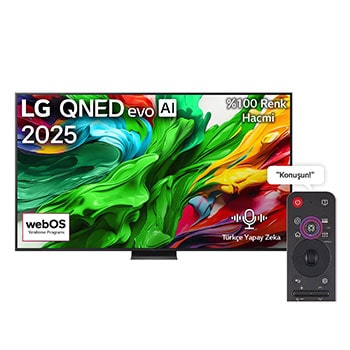LG QNED evo QNED85 TV’nin ?nden g?rünümü, üst k??ede LG QNED evo AI logosu. LG QNED evo QNED85 TV ekran?nda renkli boya benzeri dokular?n birbirine kar??mas? g?steriliyor.