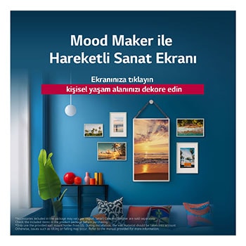 LG StanbyME 2, Hareketli Sanat Ekran? ?zelli?ini sergilemek i?in duvara as?lm??t?r. Mood Maker aktif olarak kullan?l?yor. Ekranda, herhangi bir mekana ??k bir dokunu? olarak kullan?labilece?ini g?steren bir sanat eseri sergileniyor. 