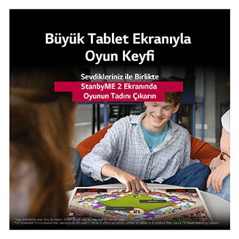 Masada, LG StanbyME 2 üzerinde masa oyunu oynayan bir grup arkada?. Büyük Tablet Ekran? ?n plana ??k?yor. Metin, do?rudan dokunmatik ekranda oynama ?zelli?ini anlat?yor.