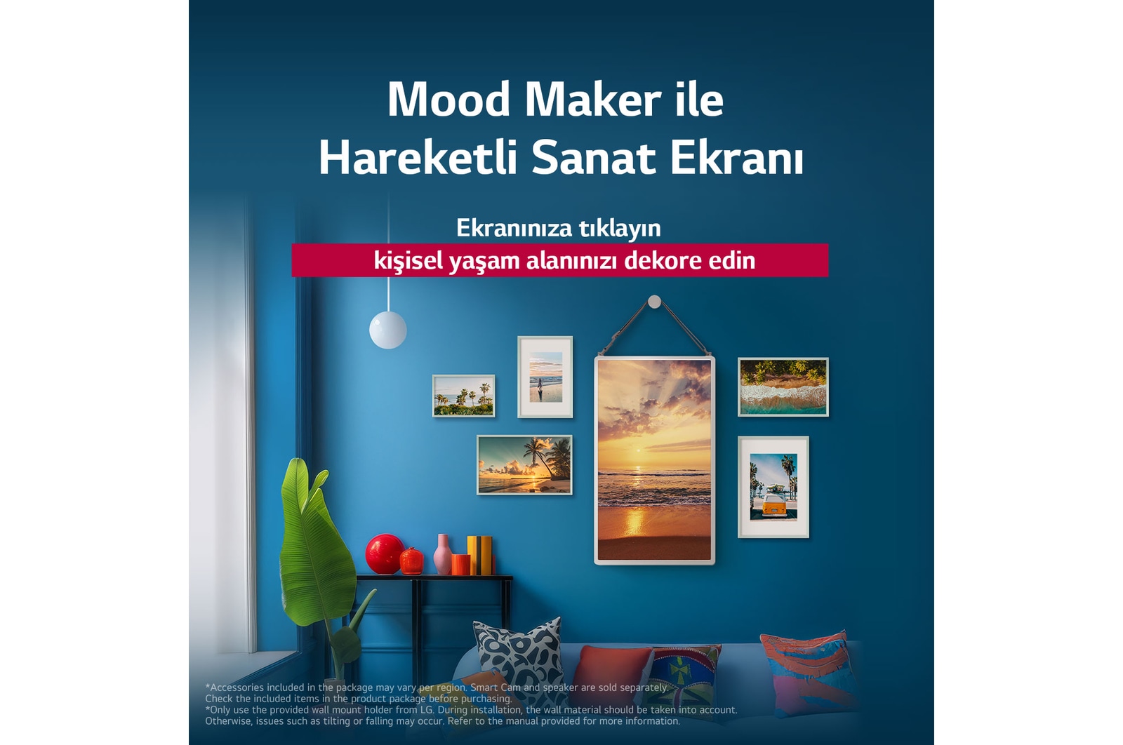 LG StanbyME 2, Hareketli Sanat Ekran? ?zelli?ini sergilemek i?in duvara as?lm??t?r. Mood Maker aktif olarak kullan?l?yor. Ekranda, herhangi bir mekana ??k bir dokunu? olarak kullan?labilece?ini g?steren bir sanat eseri sergileniyor. 