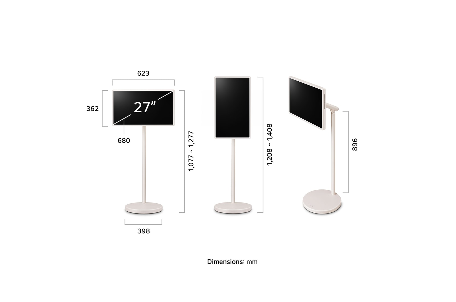 LG StanbyME 2 ve stand?n uzunluk, geni?lik, yükseklik ve derinlik ?l?üleri.