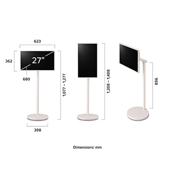 LG StanbyME 2 ve stand?n uzunluk, geni?lik, yükseklik ve derinlik ?l?üleri.