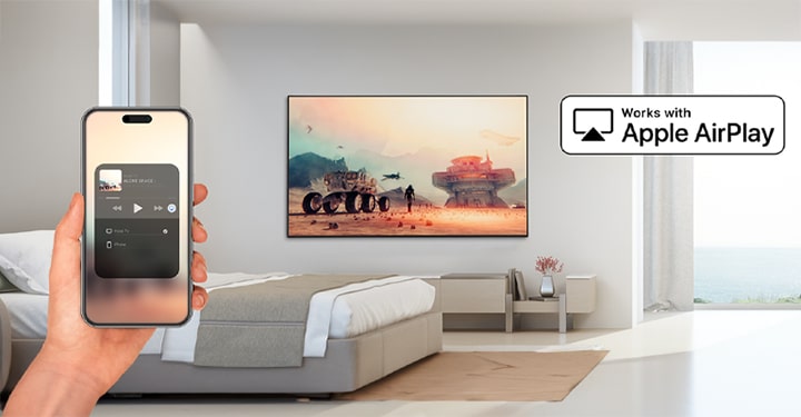 Resimde, AirPlay ?zelli?inin iPhone’daki i?eriklerin otel odas? TV’sinde g?sterilmesine olanak sa?lad??? g?rülüyor.