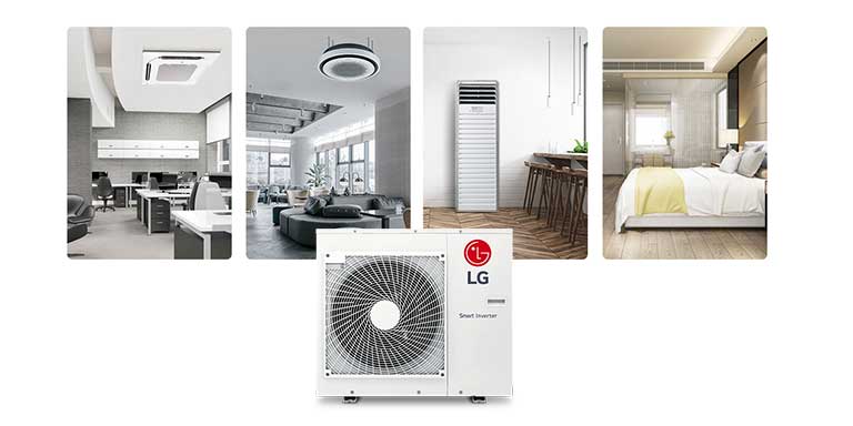Merkeze yerle?tirilmi? LG Smart Inverter d?? mekan ünitesi arkadan ?e?itli i? mekan ünitesi kurulum kasalar?yla donat?lm?? halde sergileniyor.