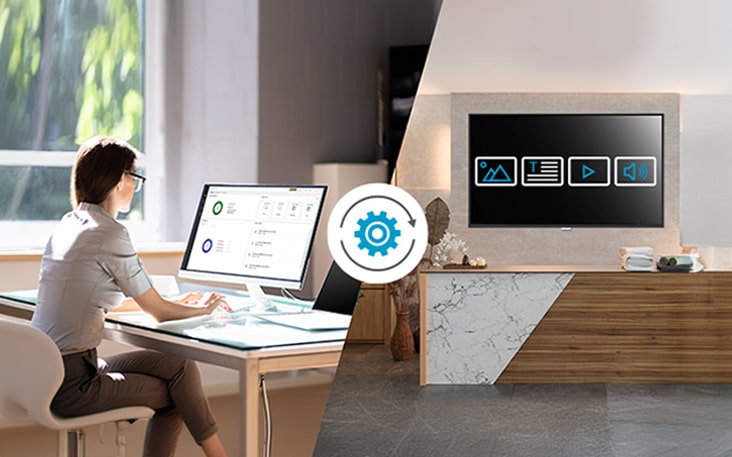 An administrator is remotely controlling signage displays through LG SuperSign Cloud.	
