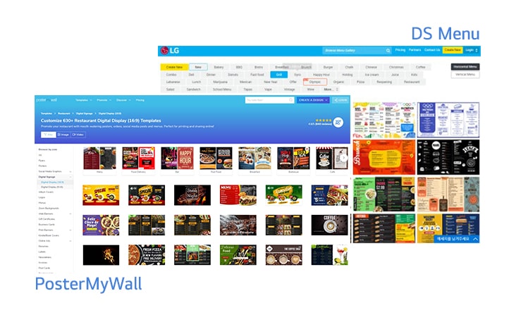 Displaying the main page of DSmenu and PosterMyWall websites	