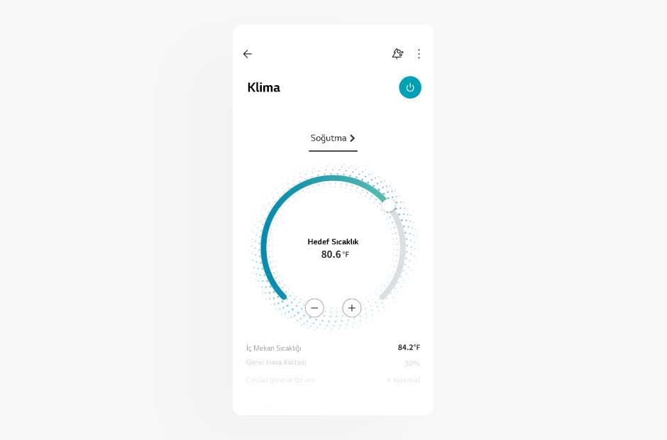 LG ThinQ uygulamas?ndaki klima ekran?n?n g?rüntüsü