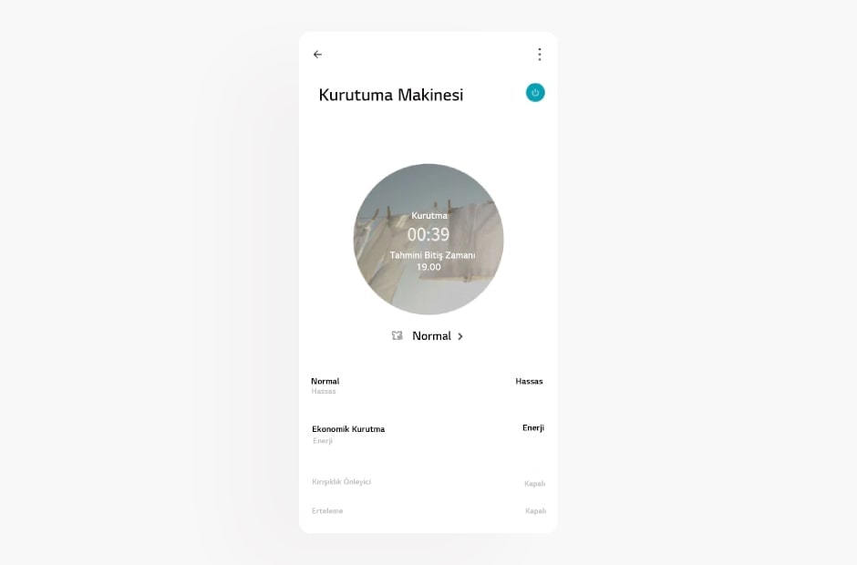 LG ThinQ uygulamas?ndaki kurutma makinesi ekran?n?n g?rüntüsü