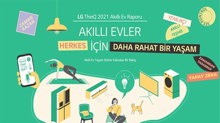 Ak?ll? Evler: Herkes ??in Daha Rahat Bir Ya?am&quot; metninin oldu?u ak?ll? ev aletleri illüstrasyonu