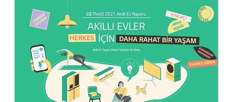 Ak?ll? Evler: Herkes ??in Daha Rahat Bir Ya?am&quot; metninin oldu?u ak?ll? ev aletleri illüstrasyonu