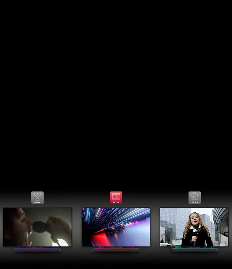 Soundbar'?n AI Sound Pro ?zelli?ini g?steren animasyonlu bir video. ?lk olarak, ?e?itli renklerdeki düz ???klar alt?nda yar?? arabas?n?n bir videosu g?sterilir. A?a??da, k?rm?z? ses dalgalar? vard?r. Ard?ndan sahne, koyu ye?il fonda mikrofonu dudaklar?n?n hemen ?nünde tutan bir ?ark?c?ya ge?er. Solda, müzik modu i?in maviden mora ge?en ses dalgalar? g?rünür. Son olarak, sa? altta ye?il ses dalgalar? olan binalar?n ?nünde mikrofonu tutan bir kad?n spiker vard?r.