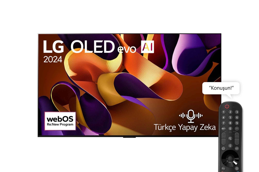 LG OLED evo AI TV, OLED G4’ün ?nden g?rünümü. Ekranda 11 Y?ld?r Dünyan?n 1 Numaral? OLED’i Amblemi, webOS Re:New Program logosu ve 5 Y?ll?k Panel Garantisi logosu.