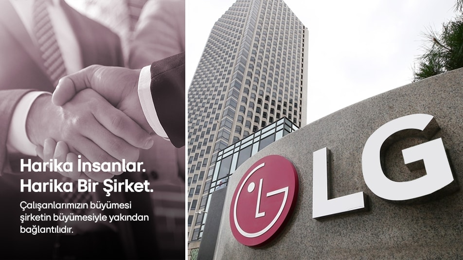 Solda toplant? i?in bir masa etraf?nda duran d?rt ki?i, sa?da LG Electronic'in ?ngiltere ofisi. üzerinde &quot;Harika ?nsanlar. Harika bir ?irket. ?al??anlar?m?z?n geli?imi, ?irketin büyümesiyle yak?ndan ba?lant?l?d?r&quot; yaz?yor.