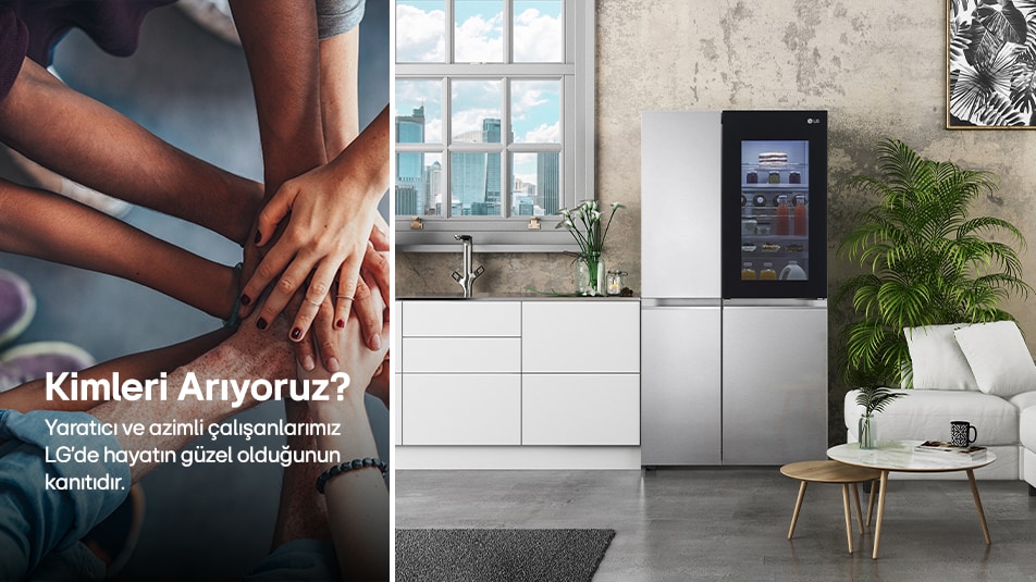 Solda LG pratik kap?l? buzdolab?, sa?da beyaz bir tahtaya yaz? yazan adam ve kad?n. Ekranda &quot;Kimleri ar?yoruz? Yarat?c? ve azimli ?al??anlar?m?z, LG'de hayat?n güzel oldu?unun kan?t?d?r&quot; yaz?yor.