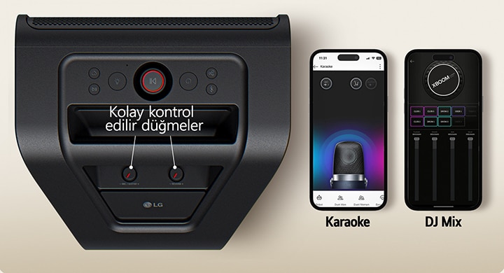 Solda xboom Stage 301’?n dü?meleri ve butonlar? i?aretlenmi? üstten g?rünümü. Sa?da, iki cep telefonu ekranlar?nda xboom uygulamas? ile g?rüntüleniyor.	