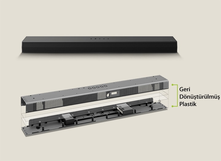 Arkada soundbar'?n ?nden bir perspektifi ve ?nde soundbar'?n metal bir ?er?eve g?rüntüsü. Soundbar'?n metal ?er?evesinin arkas?na e?imli bak?? ve ?er?evenin kenar?n? g?steren "Geri D?nü?türülmü? Plastik" yaz?s?.