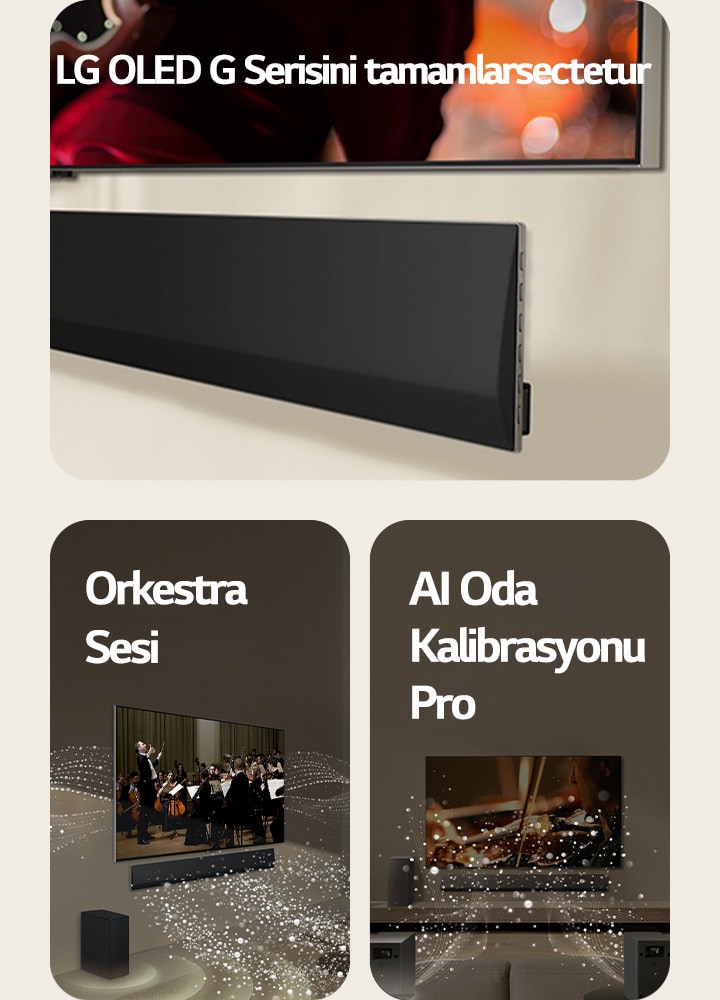Bir LG TV ve LG Soundbar'?n alt k?sm?n?n a??l? bir perspektifi, ard?ndan duvara monte ediliyor.   LG TV ve LG Soundbar'?n mükemmel uyumu ile odan?zda orkestra performans?n? ya?ayabilirsiniz. Ses dalgalar?n? temsil eden damlac?k ?eklinde beyaz dalgalar Soundbar’dan f?rl?yor ve TV’den d??ar? yans?yor. Subwoofer alttan bir ses efekti olu?turuyor.  Bir oturma odas?nda LG Soundbar, LG TV, arka hoparl?rler ve bir subwoofer bulunuyor. Odan?n üzerinde, bir alan taramas? gibi ?zgara kaplama beliriyor. ?nden bak?l?nca arka hoparl?rlerden   damlac?klardan olu?an beyaz ses dalgalar? ??k?yor.