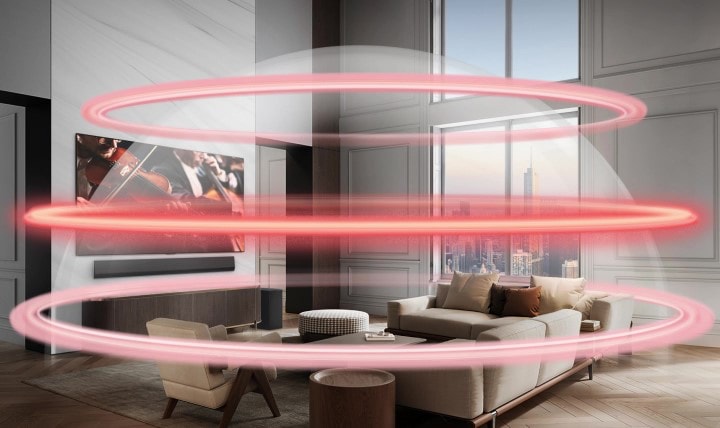 LG Soundbar ve LG TV büyük bir ?ehir apartman?nda. Sanal katmanlar? tasvir eden ü? k?rm?z? bant her seferinde biri olmak üzere g?rünür ve bir araya gelerek bütün bir ses kubbesi olu?turur.