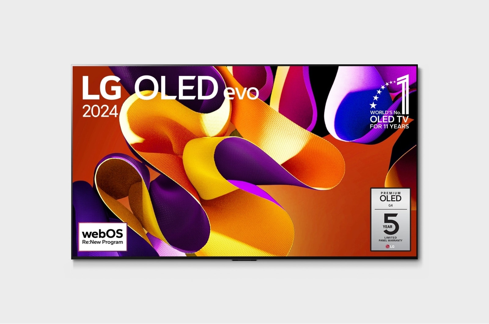 El?lnézet: LG OLED evo TV, OLED G4, 11 Years World No. 1 OLED (11 éve a világ els? számú OLED-je) embléma és 5-Year Panel Warranty (5 év kijelz?panel garancia) logó látható a képerny?n.