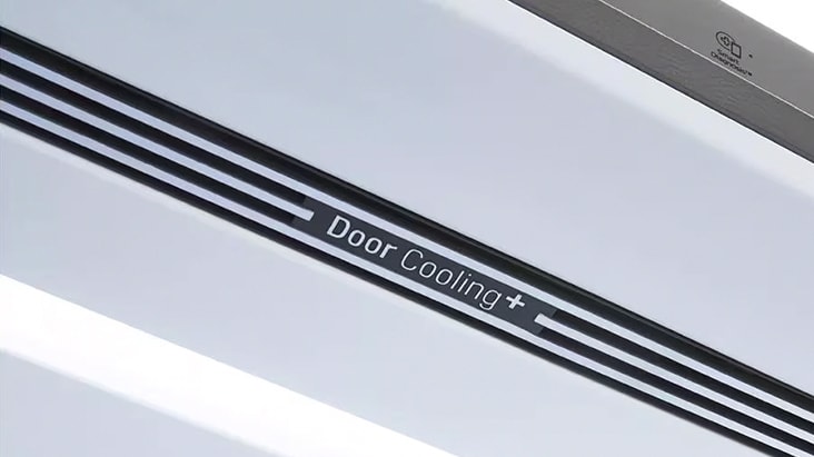 DoorCooling+ ?四方吹冷流 功能特寫圖，確保冰箱內部冷流更均勻，保鮮零死角