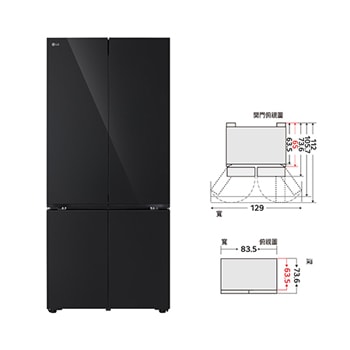 619L 四門冰箱黑色玻璃門型號正視圖，搭載 LinearCooling? 和 DoorCooling+? 技術 ({Sales Model Code})