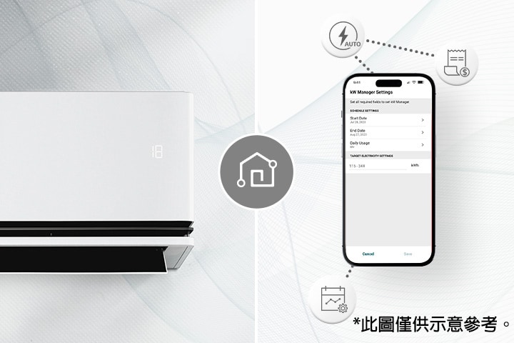 一臺空調和一臺顯示 LG ThinQ? 畫面的智能手機。手機周圍顯示了介紹 ThinQ 功能的圖標。