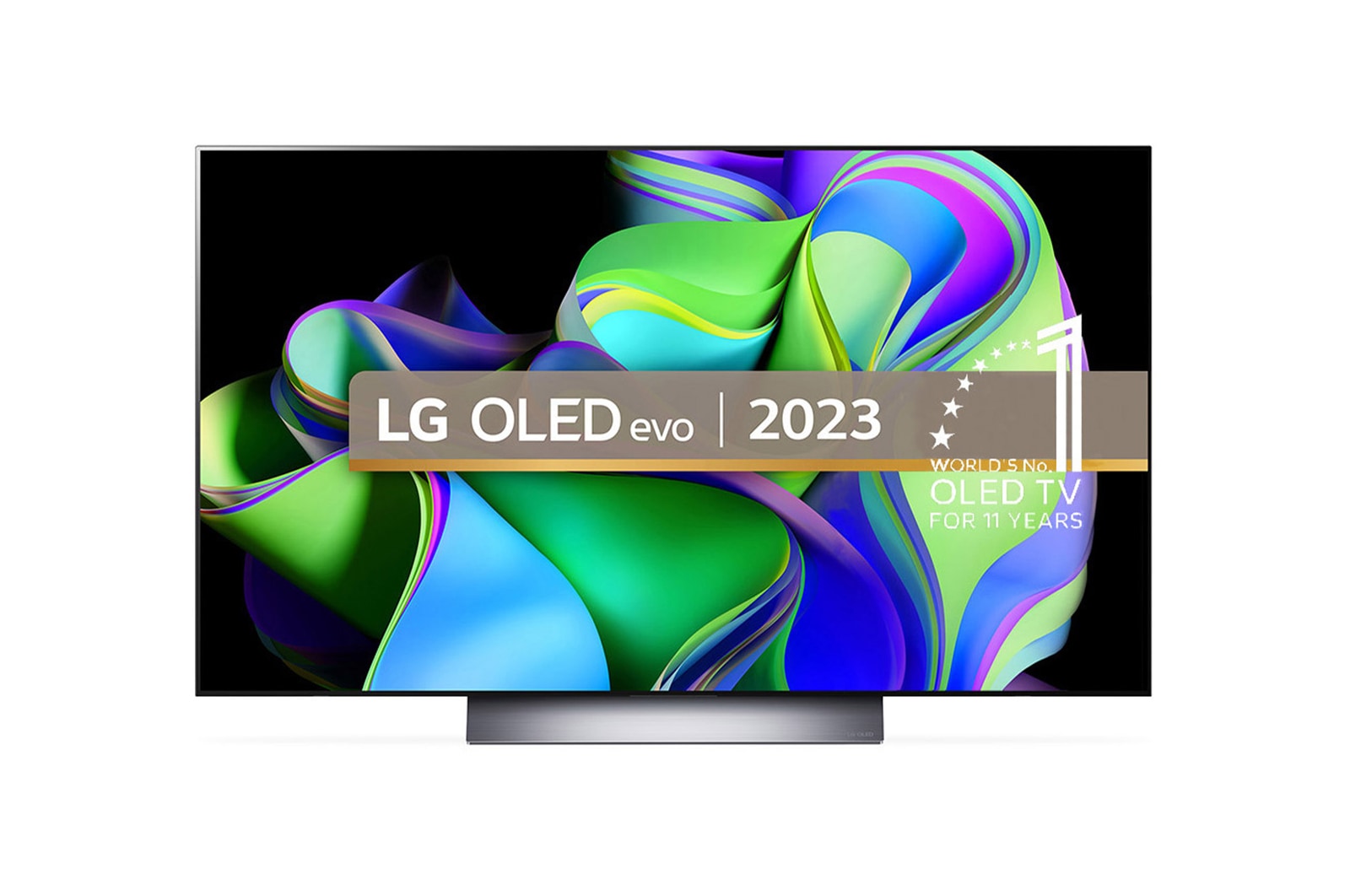 Front view with LG OLED evo and 10 Years World No.1 OLED Emblem on screen