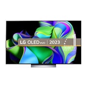 Front view with LG OLED evo, 10 Years World No.1 OLED Emblem, and 5-Year Panel Warranty logo on screen