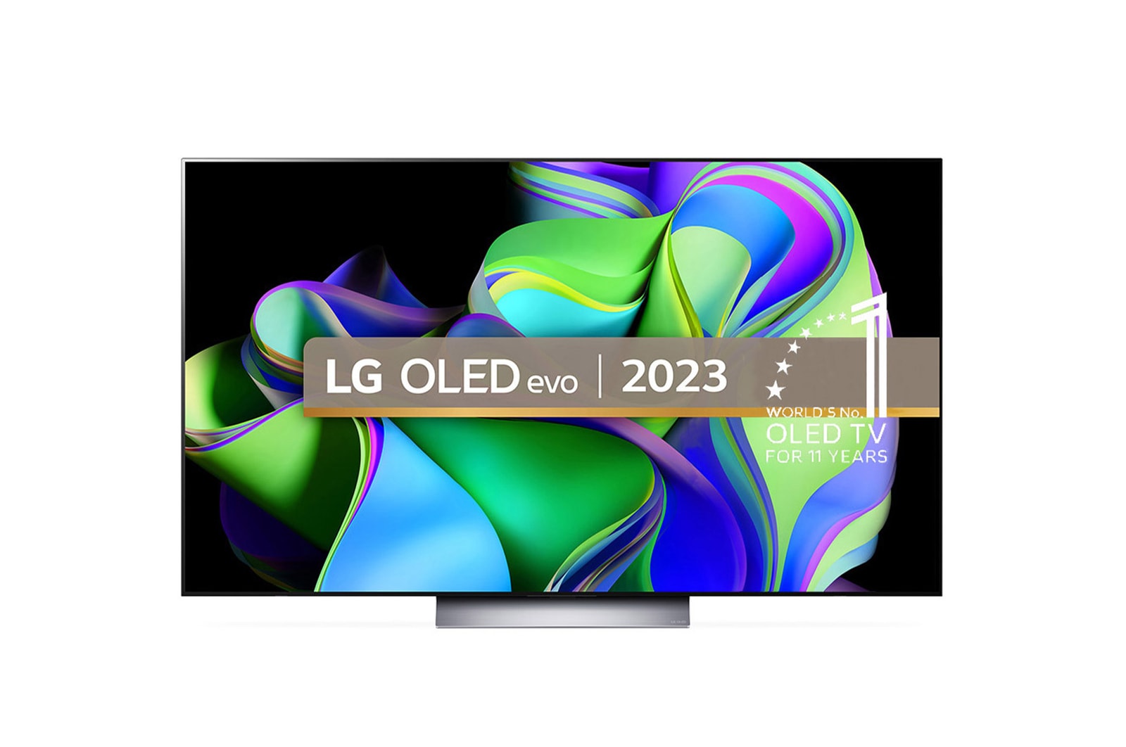 Front view with LG OLED evo, 10 Years World No.1 OLED Emblem, and 5-Year Panel Warranty logo on screen