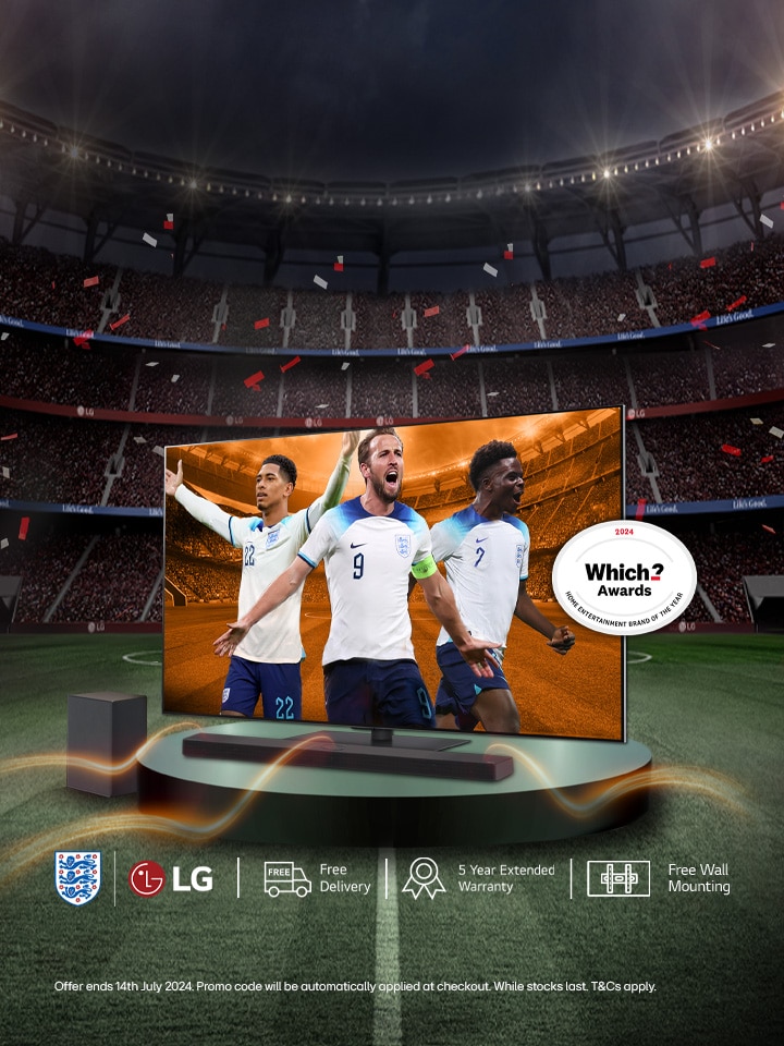 Lg oled tv on top of a podium with a football stadium in the background and which logo on the right side of the tv's screen