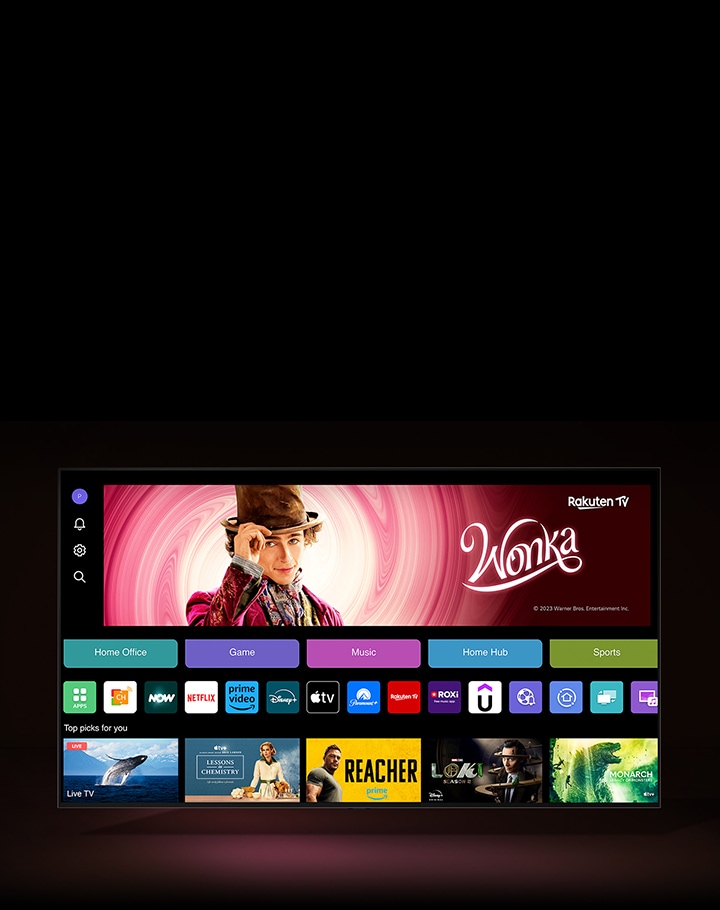 The streaming home screen shows all apps, categories, and recommended content.