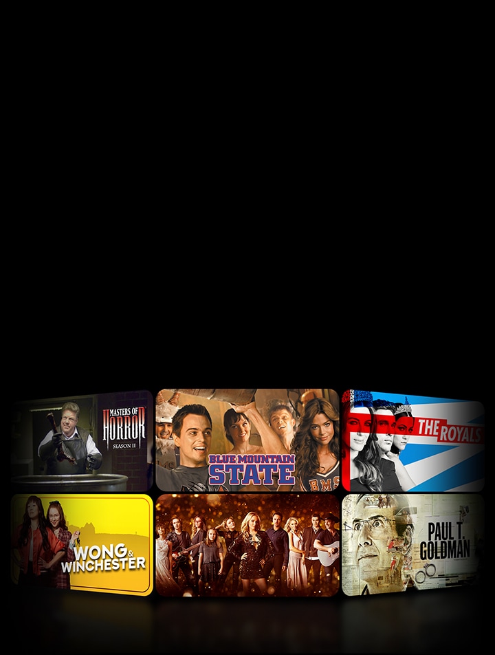 Posters of exclusive TV shows are displayed in an angled grid. 